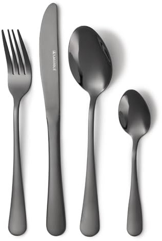 LAGUIOLE, Ménagère 24 pièces en acier inoxydable 430, design moderne et élégant, revêtement PVD noir brillant, 6 couteaux, 6 fourchettes, 6 cuillères, 6 cuillères à dessert - Noir