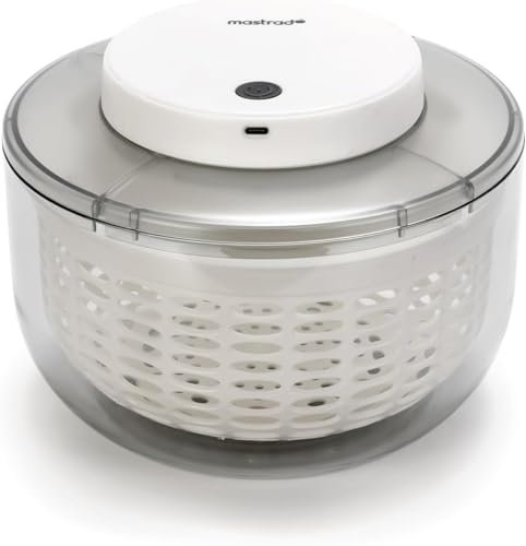 MASTRAD – Escurridor de ensalada eléctrica – 4L – Diámetro 20 cm – Batería recargable por USB-C – Dos horas de carga para 100 usos, base antideslizante de silicona para frutas, verduras...