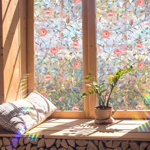 GORGECRAFT 100x43cm Pink Flower Rainbow Window Privacy Film 3D Frosted Stained Window Glass Decorative Window Cling Non-Adhesive Static UV Resistant Decals Reusable Sun Blocking Sticker for Home