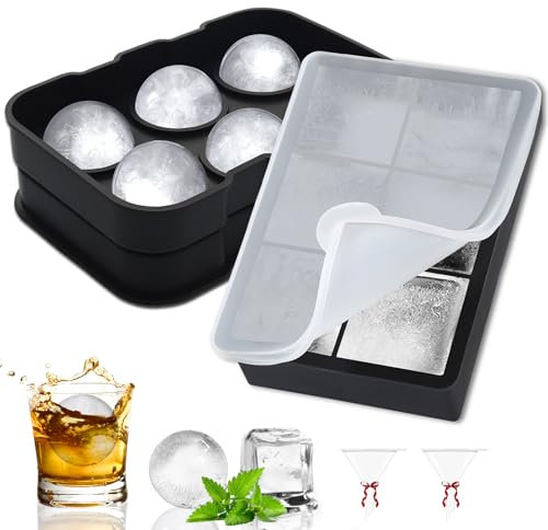 Gucass 2 Stück Eiswürfelform Silikon Eiswürfelbehälter mit Deckel, 5cm 6 Fach Groß Rund Eeiswürfel Kugel und Eeckige Eiswürfelformen, BPA Frei Ice Cube Tray für Whisky Cocktails Wein Obst Schokolade