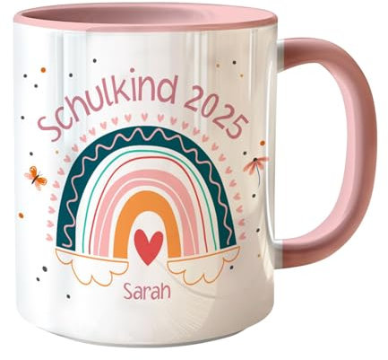 Tasse Schulkind 2025 mit Namen für Mädchen Personalisiert Einschulung Regenbogen Geschenk für Erstklässler Schule Grundschule Geschenkidee Schulbeginn 2025 - Rosa