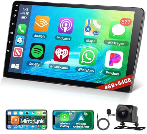 Motorsi 4GB+64GB Autoradio con CarPlay Android Auto, 10 2 DIN Bluetooth Car Stereo, GPS Navigazione, WiFi, FM, Split Screen, Mirror Link, Ricevitore Multimediale Digitale+Telecamera Posteriore