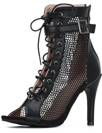 EVEOUT Women's Mesh Sandals High Heel Peep Toe High Top Lace Up Summer Sexy Boots Buckle Strap Party Shoes