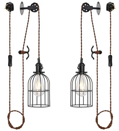 SEEBLEN Plug in Pendant Light Set of 2,Industrial Hanging Lamps That Plug into Wall Outlet,Farmhouse Pulley Pendant Light with Plug in Cord, Wall Lamps for Bedroom Living Room Kitchen.