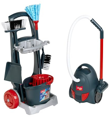 Theo Klein 6847 Aspirapolvere Vileda con Carrello per Le Pulizie | Set di Pulizia a 7 Pezzi con Suono Realistico | Giocattolo per Bambini dai 2 Anni