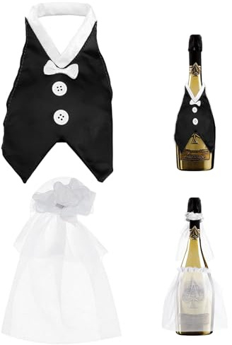 FDHBDF 2 Stück Hochzeits Weinflaschen Dekorieren Set,Flaschendeko Braut und Bräutigam, Hochzeitsflaschen Dekorationen,Hochzeitskleid Brautpaar Deko, Hochzeitsanzug Tischdekoration
