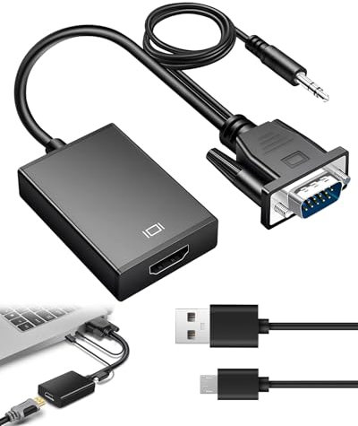 VGA to HDMI Converter with 3.5mm Audio 1080P VGA to HDMI Adapter with USB Power Cable 0.28m VGAs-Male Input to HDMIs-Female Output Converter for TV Stick, HDTV, Computer, Laptop, PC, Monitor,Projector