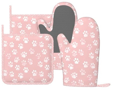 Oven Mitts and Pot Holders Pastel Pink Dog Paw Pattern Silicone Kitchen Accessories Set of 4 Heat Resistant Long Gloves Potholder Non-Slip Grip for Chef Baking Cooking Grilling BBQ