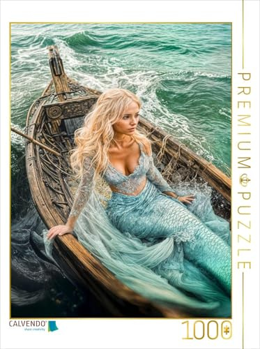 Puzzle · Meerjungfrau sitzt träumend im Alten Boot | Meerjungfrau im Ruderboot auf ruhigem Wasser · 1000 Teile · Lege-Größe 64 × 48 cm · CALVENDO Puzzle