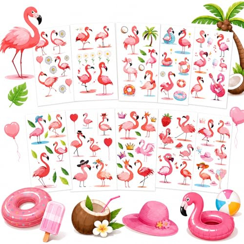 10pcs Flamingo Tattoos für Kinder, Hawaii Tropische Luau temporäre Tattoos, Rosa Sommer Kindertattoos Sticker, Gesicht Fake Tattoo Aufkleber Mädchen Jungen Flamingo Party Deko Party Zubehör Geschenk