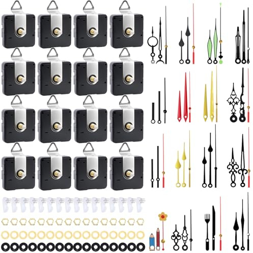 QLOUNI Uhrwerk für Wanduhr, Uhrwerk Set mit 16 Sätze Geräuschloses Uhrwerk und Uhrzeiger, Lautloses Quarz-Uhrwerk für DIY Uhr Reparatur