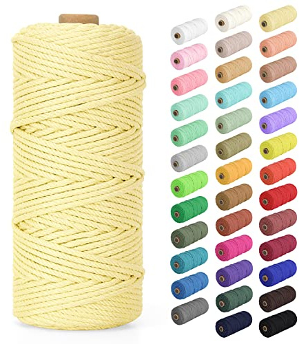 Makramee Garn 3mm x 100m, Baumwollkordel Farbig Baumwollgarn Geflochten Baumwollseil, Natürliche Baumwollschnur für Makramee Wandbehang, Blumenampel, Vorhang und Mehr DIY Deco, Hellgelb