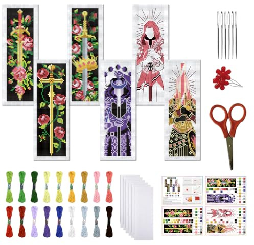 FREEBLOSS 6 Set Kreuzstich Set Cross Stitch Kit Schwert und Rose Stickset Lesezeichen Kreuzstich Sets Stickset für Anfänger Cross Stitch Stickbilder Erwachsene für Anfänger als Geschenk