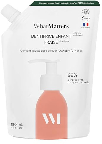 WHAT MATTERS Éco-Recharge Dentifrice Enfant Fraise 180ml | 99% ingrédients d'origine naturelle, Vegan, Fluor 1000ppm, Note 100/100 Yuka, recharge Flacon verre, fabriqué en France