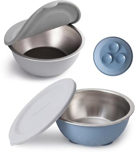 Moonkie Stainless Steel Baby Bowls with Silicone Lids & Suction Base | Seamless One-Piece Design | BPA-Free | 13oz | Dishwasher Safe | Weaning Essential for 4M+ | 2 Pack (Light Grey/Ether)