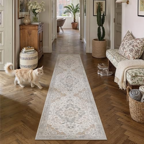 PureCozy Beige LäUfer Flur Vintage Teppich 60x240cm kurzflor rutschfest Weich Waschbarer Böhmischen Teppiche für Küchen Hallway Büro Esszimmer Wohnzimmer Schlafzimmer