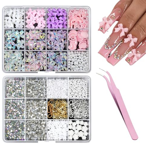 2Boxes Nail Accessories, 3D Nail Charms with Tweezers, Nail Gems for Nail Art
