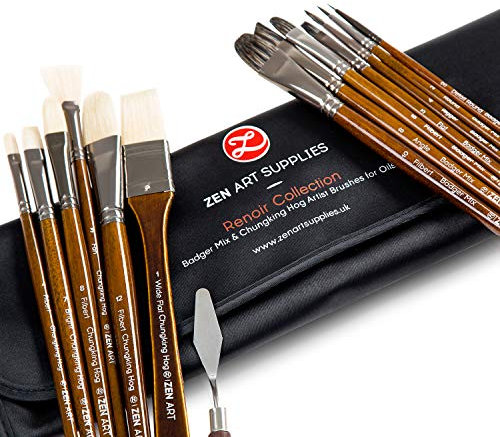 Oil & Acrylic Paint Brushes – 14pc Professional Set of Chungking Hog, & Badger/Japanese Synthetic Bristles – Oil Paint Brushes for Artists with Long Birchwood Handles, No Shedding by ZenART