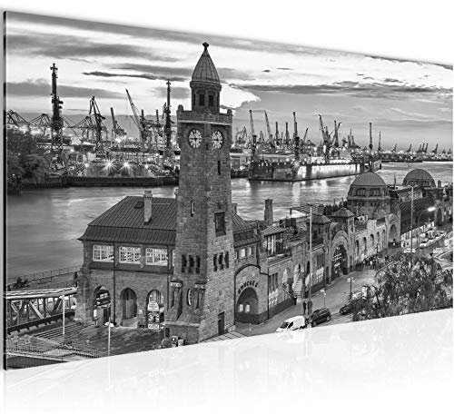 Runa Art Wandbild Hamburg 1 Teilig 100 x 40 cm Modern Bild auf Vlies Leinwand Hafen Wohnzimmer Schlafzimmer Schwarz Weiss 603012c