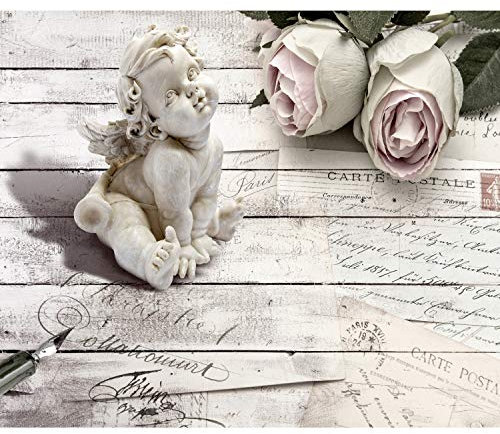 decomonkey Fototapete Holz Blumen 400x280 cm XL Tapete Fototapeten Vlies Tapeten Vliestapete Wandtapete moderne Wandbild Wand Schlafzimmer Wohnzimmer Engel Rose Vintage