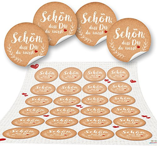 Spruchaufkleber, 24er Set: Runde Sticker mit Sprüchen, Aufkleber Rund, Spruch Schön Dass Du Da Warst, Geschenkaufkleber Sprüche, Zum Aufkleben, Erwachsene & Kinder, Give-Away Kraftpapier-Optik, ⌀ 4 cm