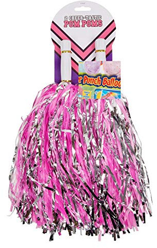POM POMS Pack of 2 Pompom Pink Blue Purple BATONS Party Fancy Dress Cheerleader (Pink White)