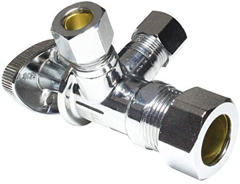 Dual Compression Outlet Angle Stop Valve, Plumbing Fitting, Quarter Turn, Single Handle Independent Multi-Select Positions, Water Valve Shut Off 1/2 NOM (5/8 OD) x (3/8 inch x 3/8 inch)