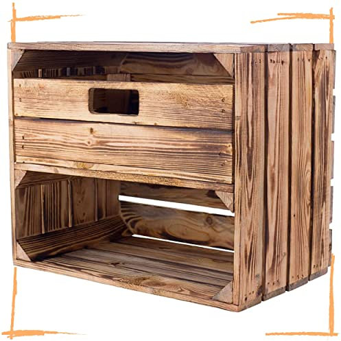 Moooble Sparpaket geflammte/flambierte Holzkiste mit Schublade und 50cm x 40cm x 30cm Fach Holzregal Holzkiste Kiste(6er Set)