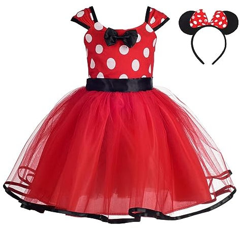 Lito Angels Minnie Fancy Dress Up Costume with Mouse Ears Hair Hoop for Kids Girls, Halloween Birthday Party Mini Polka Dot Tulle Skirt, Age 2-3 Years (Tag Number 110), Red