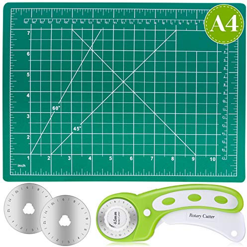 Audab Rollschneider-Set, selbstheilende Nähmatten, Rollschneider und Matte, 45 mm, Rollschneider-Set mit 2 Klingen, rotierende Schneidematte für Handwerk, Stoff, Quilten, Hobby, 22,9 x 30,5 cm (A4)
