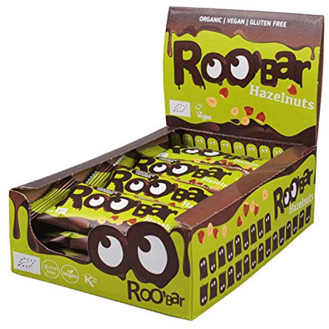 Roobar Barra De Avellana Cubierta De Chocolate - Barra Vegana 100% Orgánica. Sin Lácteos Ni Gluten, Sin Azúcar Refinado Añadido, 16 Barras De 30 g