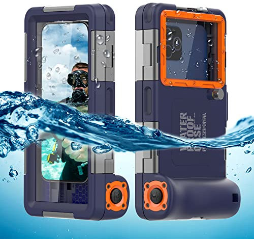 ShellBox Case Diving Case 2nd Gen for iPhone/Samsung Galaxy Series, Universal Phones 4.9-6.9 Inch,Snorkeling 15m/50ft Full Body Heay Duty Protector Shockproof Snowproof,Blue-Orange