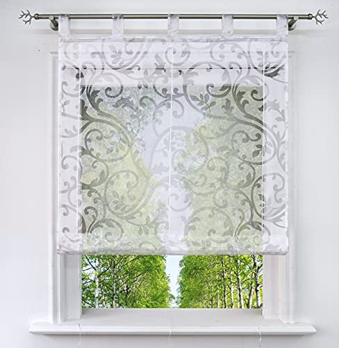 Raffrollo mit Ausbrenner Design Fenster Gardine Voile Raffgardinen mit Schlaufen (Weiß, BxH 140x150cm)