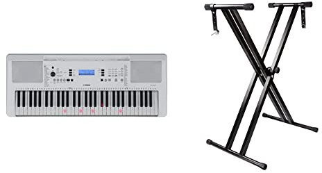 Yamaha EZ-300 Digital Keyboard - a Portable Learning Keyboard with 61 Touch-Sensitive Illuminated Keys & RockJam RJX29 Double Braced Adjustable Keyboard Stand with Locking Straps, Black