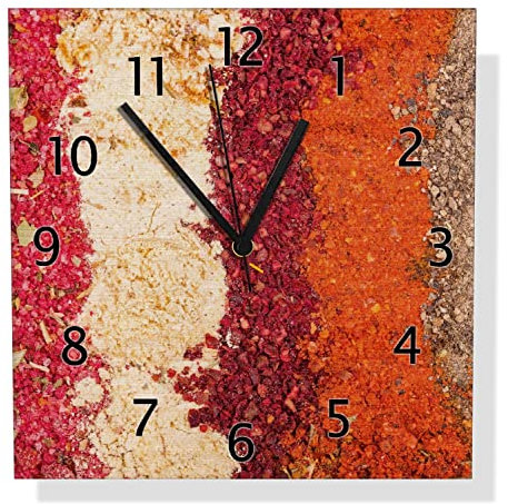 Wallario Design Wanduhr Bunte Gewürze in Streifen - Chili, Curry usw. aus Aluverbund, Alu-Uhr Größe 30 x 30 cm, Schwarze Zeiger mit Metalloptik