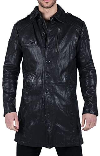 Truclothing.com Mens Black Brown Real Leather Trench Coat Button Vintage 3/4 Casual