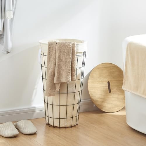 [en.casa] Wäschekorb Skive Wäschesammler mit Deckel 40 L Drahtkorb Schwarz Wäschetonne Metallkorb mit ausnehmbarem Wäschesack