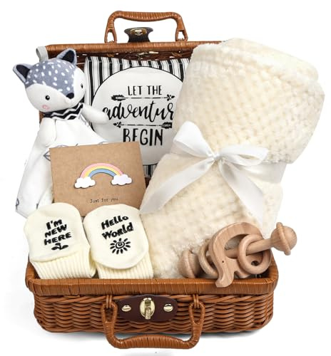 Neugeborenen Geschenk, 7-in-1Baby Geschenkset für Mädchen:Baby Decke,Schmusetuch, Baumwoll-Babybody, Lätzchen,Socken in Geschenkbox|Baby Geburt Geschenk, Babyparty-Schwarz