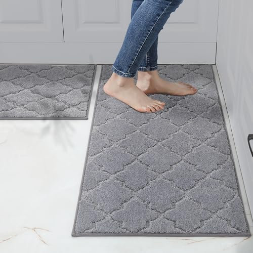 COSY HOMEER Küchenteppich 2 Stück, Teppich Küche Waschbar rutschfest, Küchenläufer, Teppichläufer Flur, Teppich Läufer für Küche, Flur, Wohnraum (50 x 75 cm + 50 x 120 cm, Grau)
