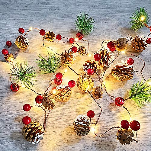 Christmas Garland with Lights, 6.56FT 20 LED Pine Cone Red Berry Fairy Lights, Battery Operated Indoor/Outdoor Tree Decorations