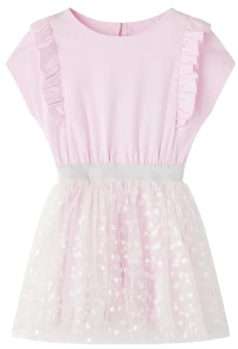 vidaXL Robe pour Filles Volants, Vêtement à Manches Courtes pour Filles, Robe à Bouton pour Tout-Petits 5-6 Ans, Imprimé Cœurs Brillants Rose Clair 116