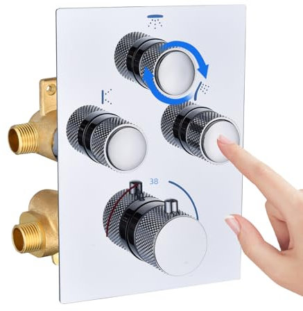 3 Outlet Shower Valve, Concealed Shower Mixer 3 Way Diverter Thermostatic Shower Valve, Push Button Multi Function Flow Control Valve, 3 Outlet Can Simultaneous Operation, Chrome