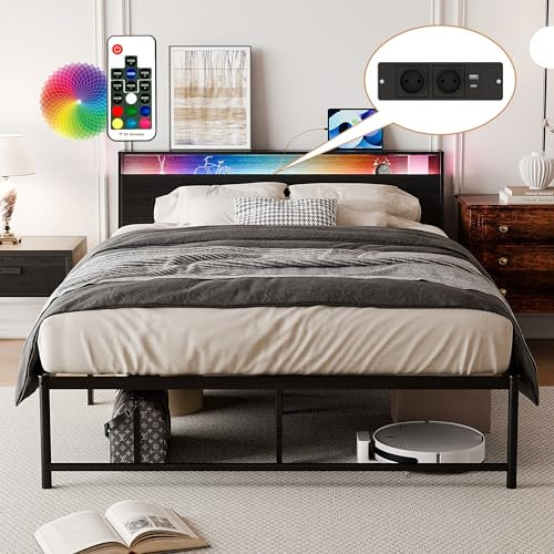 BEXEVUE 140x200 cm Bett mit LED und Steckdose, Metallbettgestell mit Kopfteil, moderner Bettrahmen mit Stauraum, robust und langlebig, einfach zu montieren – Ideal für Schlafzimmer und Gästezimmer