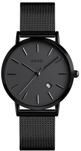 SKMEI Damen-Armbanduhr, schwarz, schmal, dünn, luxuriös, Edelstahl-Mesh-Uhren, modisch, wasserdicht, Damen-Armbanduhr mit Datum, Schwarz, Kleideruhr