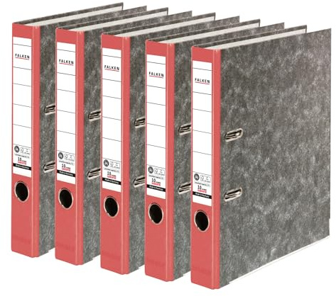 FALKEN 5x Recycling-Ordner 5 cm schmal DIN A4 roter Rücken | Made in Germany Papierbezug im Wolkenmarmor-Design Blauer Engel