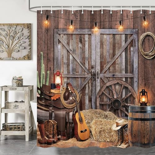 Rustikales Duschvorhang-Set mit Scheunentür, Western-Cowboy-Duschvorhänge, Bauernhaus-Land-Kaktus-Duschvorhänge für Badezimmer, Bauernhof, Holz, Vintage-Stoff, Badewannen-Dekor-Zubehör mit Haken, 178
