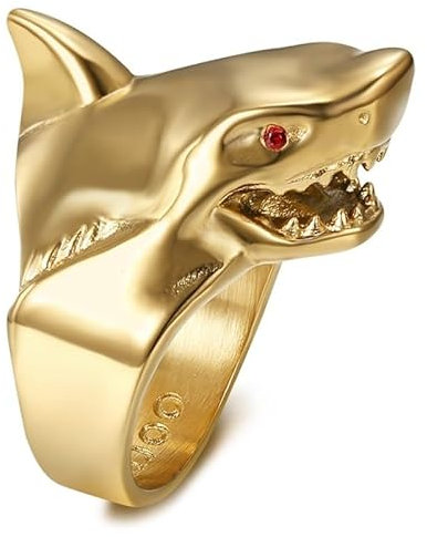 BOBIJOO Jewelry - Siegelring, Hai, Herren, rote Augen, Rubin, Edelstahl, goldfarben, Metall