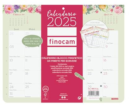 Finocam - Calendario Bloc Design de pared con imán para escribir 2025 Layout mensual enero 2025 - diciembre 2025 (12 meses) italiano