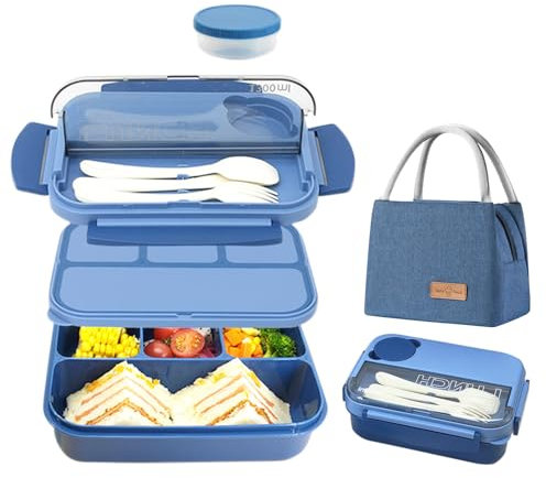 Resszo Lunch Box Kit, Bento Lunch Box Enfant Adulte Boîte 1300ml avec 4 Compartiments, Anti-Fuite Lunchbox avec Couverts & Sac à Lunch,pour Adultes Enfants Travail Scolaire