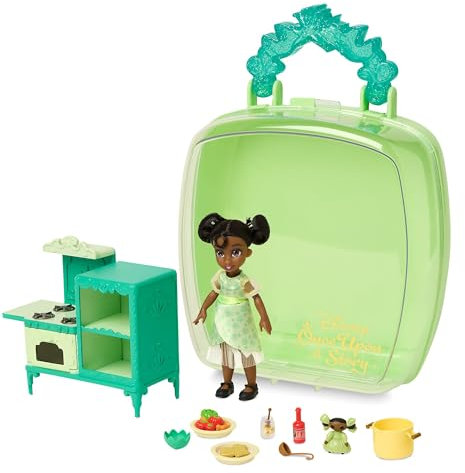 Disney Store Offizielles Tiana Minipuppen-Spielset, Küss den Frosch, Once Upon a Story Kollektion, 11-TLG., Spielzeugfiguren-Set mit Zubehör, inkl. Stoffpuppe, Ab 3 Jahren